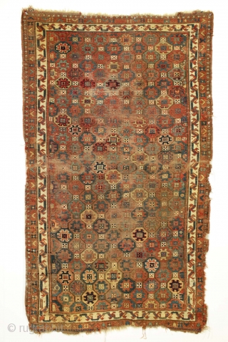 Antique tribal Persian rug. Nice design and under all that dirt the colors look good and old. Nice purples, yellows and greens. Badly abused. Heavy wear, dirt and more. good age, 19th  ...