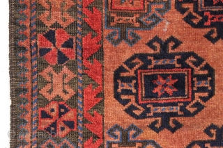 Antique baluch with turkoman like motifs. Has Turkish knotting along outer border and Persian knotting elsewhere. Overall pretty good pile with scattered old moth nibbles and a number of very small holes.  ...