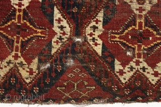 antique ersari trapping or torba. Charming, naive and sophisticated at the same time. Also quite damaged. Still an object with life. Good colors. ca. 1870 or earlier. 20" x 41"    ...