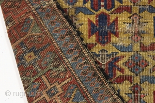 antique yellow ground kuba seichour rug with chi chi design field and an interesting border. In rough condition with wear and damage as shown and priced accordingly. Good colors. ca. 1875. 3'4"  ...