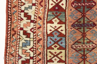 antique small west anatolian rug in excellent condition. A little jewel. Good thick pile with all beautiful natural colors. Pretty greens. Original kelim ends and selvages. Recent wash and small edge repair.  ...