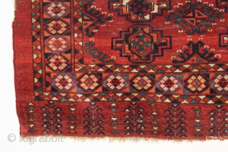 unusually colorful antique ersari chuval with an interesting border. All excellent natural colors featuring pretty light blues, a rich apricot and a fine clear yellow. Intact with original selvages. Overall even pile  ...