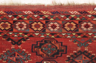 unusually colorful antique ersari chuval with an interesting border. All excellent natural colors featuring pretty light blues, a rich apricot and a fine clear yellow. Intact with original selvages. Overall even pile  ...