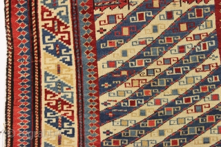antique caucasian prayer rug. Probably shirvan. Excellent design and all natural colors. "as found", reasonably clean with good even pile, slight edge roughness but no repair. Inscribed date. 19th c. 3'3" x  ...