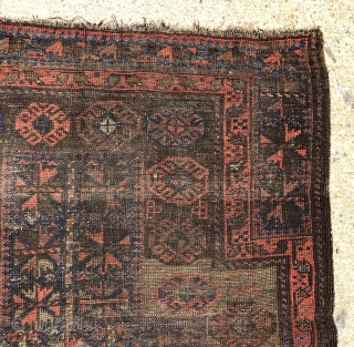 Antique Baluch prayer rug. Interesting somewhat unusual design but very worn and with heavy brown oxidation as shown. Priced accordingly. 19th c. 3’2” x 3’9”        