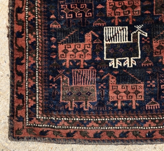 Antique complete Baluch bag with a flock of charming birds on a deep blue ground. Excellent near original condition with good thick pile and tight weave. All natural colors. Original back with  ...