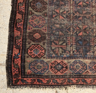 Antique Baluch prayer rug. Interesting somewhat unusual design but very worn and with heavy brown oxidation as shown. Priced accordingly. 19th c. 3’2” x 3’9”        