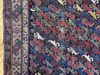 Antique northwest Persian or Kurdish corridor carpet. Eye catching field filled with colorful zoomorphic or botanical motifs ( you decide ). Lovely camel border. Mostly decent low pile with a small field  ...
