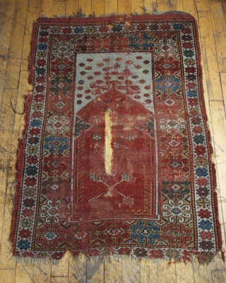 Antique Turkish Melas prayer rug. Early example in rough condition. Spacious drawing and beautiful old colors. Thin and low and damaged. Transcendental. Not for the condition minded.  3' 5"  x  ...