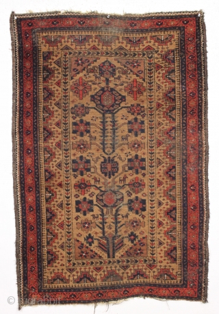 antique little baluch rug with animals. "as found". very very dirty with decent pile, corroded browns and scattered small old moth nibbles. All natural colors. Charming little rug. Should wash up nicely.  ...