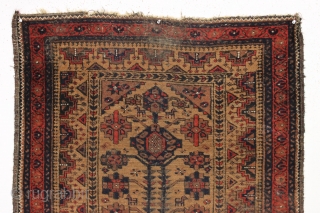 antique little baluch rug with animals. "as found". very very dirty with decent pile, corroded browns and scattered small old moth nibbles. All natural colors. Charming little rug. Should wash up nicely.  ...