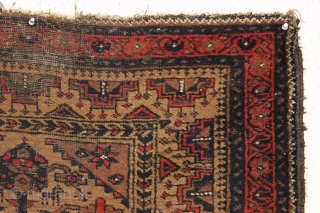 antique little baluch rug with animals. "as found". very very dirty with decent pile, corroded browns and scattered small old moth nibbles. All natural colors. Charming little rug. Should wash up nicely.  ...