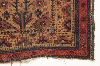 antique little baluch rug with animals. "as found". very very dirty with decent pile, corroded browns and scattered small old moth nibbles. All natural colors. Charming little rug. Should wash up nicely.  ...