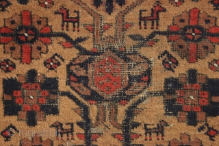 antique little baluch rug with animals. "as found". very very dirty with decent pile, corroded browns and scattered small old moth nibbles. All natural colors. Charming little rug. Should wash up nicely.  ...