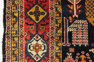 Beautiful antique tribal rug, probably Baktiari, with a great design and superb colors. Mostly thick full pile and terrific nearly square size. Lovely greens, purples and a clear yellow/gold. Wool warps. Clean,  ...