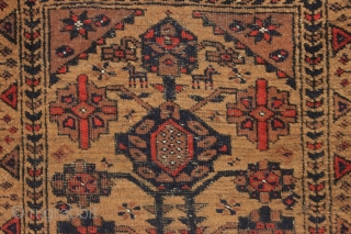 antique little baluch rug with animals. "as found". very very dirty with decent pile, corroded browns and scattered small old moth nibbles. All natural colors. Charming little rug. Should wash up nicely.  ...