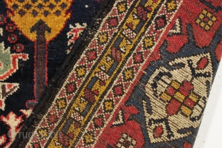 Beautiful antique tribal rug, probably Baktiari, with a great design and superb colors. Mostly thick full pile and terrific nearly square size. Lovely greens, purples and a clear yellow/gold. Wool warps. Clean,  ...