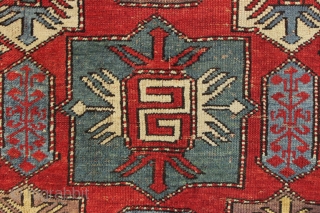 Antique kazak prayer rug. Unusual and eye catching cloudband design. Inscribed date panel (1300 equals 1883). Interesting border as well. "as found", dirty with slight overall wear and edge roughness as shown.  ...