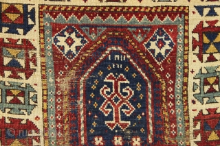 early and archaic kazak prayer rug. An interesting example of a non commercial village weaving. All natural colors. Washed but "as found", with coarse weave, wear and damage as shown. Simple and  ...