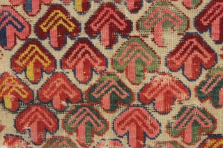 antique little seichour rug with astonishing color. A rainbow of natural colors. Almost completely oxidized brown field. Overall rough condition with wear and damage as shown. Slight edge staining from the crude  ...