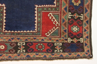 antique large mystery rug with a powerful design. Probably caucasian although certainly not karachopf type as the structure with brown wefting and goat hair selvages are not characteristic kazak. Neither is the  ...