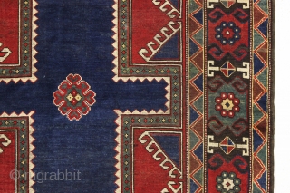 antique large mystery rug with a powerful design. Probably caucasian although certainly not karachopf type as the structure with brown wefting and goat hair selvages are not characteristic kazak. Neither is the  ...