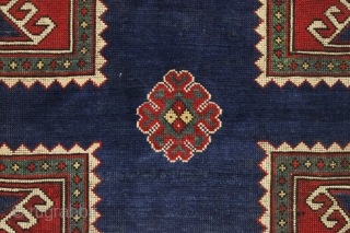 antique large mystery rug with a powerful design. Probably caucasian although certainly not karachopf type as the structure with brown wefting and goat hair selvages are not characteristic kazak. Neither is the  ...