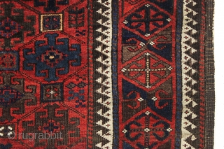 antique baluch rug in excellent condition. Classic baluch lattice design. Thick glossy wool and all natural colors. Original selvages and great kelim ends. I see no repairs. As found, could use a  ...