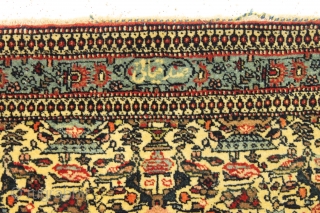 antique fine persian mat in excellent near original condition. Zili sultan? Good pile and great tight weave. Signature cartouche. AS found, could use a good wash. Lovely. ca. 1900? 23" x 41"  ...