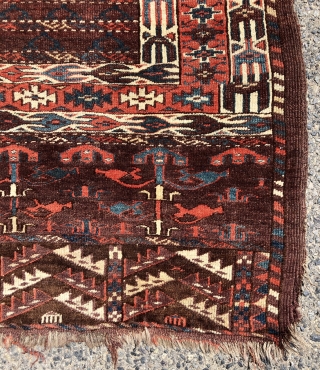 Early yomud ensi with elegant drawing, rich colors and overall good condition. Beautiful skirt panels. Good pile. All excellent saturated colors. Reasonably clean. Good age. 3rd qtr. 19th c. 4’3” x 5’  ...