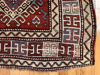 Antique Caucasian rug, possibly zakatala, with strong design and overall pretty good condition. Some light wear as expected. Latch hooked border and dark wool wefting I associate with zakatala rugs. All natural  ...