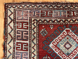 Antique Caucasian rug, possibly zakatala, with strong design and overall pretty good condition. Some light wear as expected. Latch hooked border and dark wool wefting I associate with zakatala rugs. All natural  ...