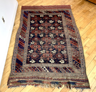 Unusual small Baluch “main” carpet with nicely drawn Mina khani field. Numerous little animals and an uncommon barber pole main border. Moderate brown oxidation and scattered wear as shown. Good old colors  ...