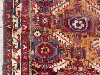 Early large Kurdish, “Sauj Bulagh” rug. Exceptional example of this design group. First rate saturated natural colors featuring lovely purples, greens, pinks, yellows and multiple reds. Original browns heavily oxidized and large  ...