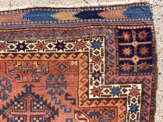 Antique Baluch double ended prayer rug. First rate example of this rare type. Mostly good thick pile. Turkish knotted. Great range of natural colors  including greens, blues, yellows, madder and cochineal  ...
