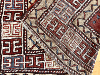 Antique Caucasian rug, possibly zakatala, with strong design and overall pretty good condition. Some light wear as expected. Latch hooked border and dark wool wefting I associate with zakatala rugs. All natural  ...