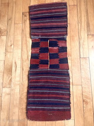 Interesting original pair of flat woven bags. Appears to be kelim weave with powerful small scale figure ground designs. Possibly Anatolian yuncu? Overall pretty good condition including backs and attractive bridge. I  ...