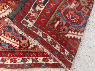 Early large Kurdish, “Sauj Bulagh” rug. Exceptional example of this design group. First rate saturated natural colors featuring lovely purples, greens, pinks, yellows and multiple reds. Original browns heavily oxidized and large  ...
