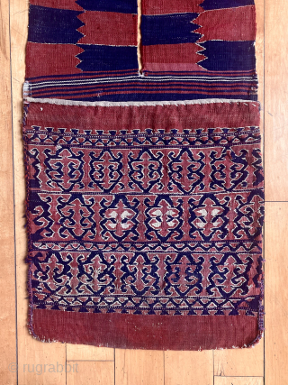 Interesting original pair of flat woven bags. Appears to be kelim weave with powerful small scale figure ground designs. Possibly Anatolian yuncu? Overall pretty good condition including backs and attractive bridge. I  ...