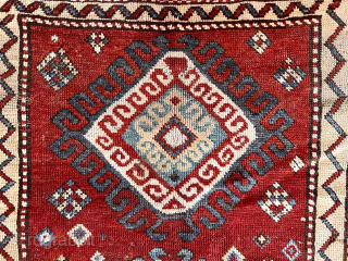 Antique Caucasian rug, possibly zakatala, with strong design and overall pretty good condition. Some light wear as expected. Latch hooked border and dark wool wefting I associate with zakatala rugs. All natural  ...