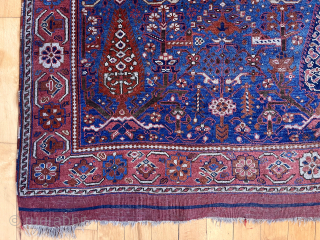Antique Afshar rug in very good condition with a delicately drawn floral field and rich saturated colors. The intense abrashed blue ground is very attractive. Original flat woven ends and selvages. Untouched  ...