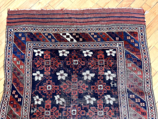 Unusual small Baluch “main” carpet with nicely drawn Mina khani field. Numerous little animals and an uncommon barber pole main border. Moderate brown oxidation and scattered wear as shown. Good old colors  ...