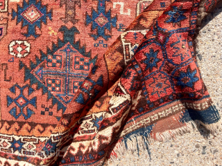 Antique Baluch double ended prayer rug. First rate example of this rare type. Mostly good thick pile. Turkish knotted. Great range of natural colors  including greens, blues, yellows, madder and cochineal  ...