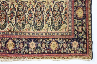 antique ivory ground persian senneh rug. Very nicely drawn and colored example in fair condition. Overall even low pile with no holes or tears and reasonably clean. "as found", reovercast sides with  ...