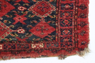 antique little ersari torba with an ikat type design. All natural colors. "as found", with allover low pile and edge roughness as shown. ca. 1875. 16" x 39"     
