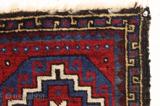 antique turkish yastik. Dramatic memling gul design. All deep rich natural colors. Reasonably clean. Small repair, some wear and edge roughness as shown. Good age, ca 1870 or earlier. 17" x 31"  ...