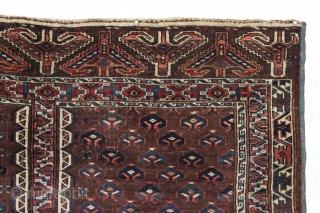 antique yomud ensi or small rug with eagle end panels and an unusual border design. Mostly good pile with nice tight weave. "as found", very very dirty with a couple holes and  ...