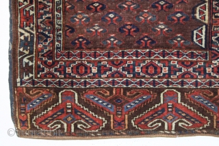antique yomud ensi or small rug with eagle end panels and an unusual border design. Mostly good pile with nice tight weave. "as found", very very dirty with a couple holes and  ...