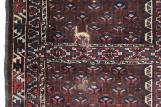 antique yomud ensi or small rug with eagle end panels and an unusual border design. Mostly good pile with nice tight weave. "as found", very very dirty with a couple holes and  ...