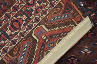 antique yomud ensi or small rug with eagle end panels and an unusual border design. Mostly good pile with nice tight weave. "as found", very very dirty with a couple holes and  ...